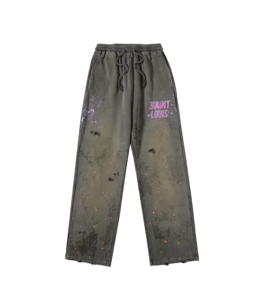 Design Saint Louis Distressed Paint-Splatter Sweatpants Olive Sweatpants - 1