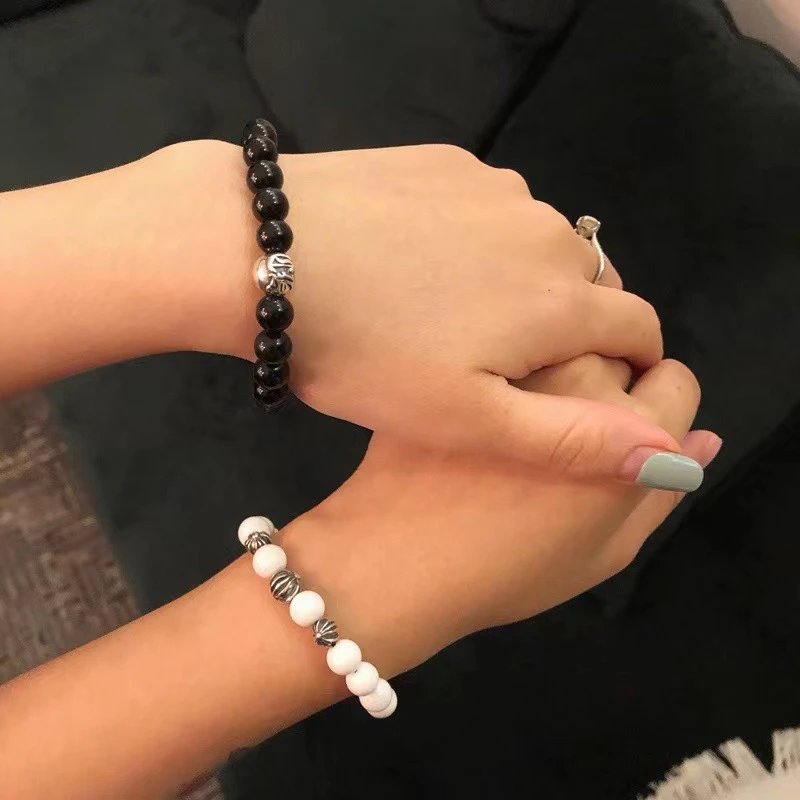 Chrome Hearts Black Onyx Bead Bracelet with Cross Charm Jewelry - 54
