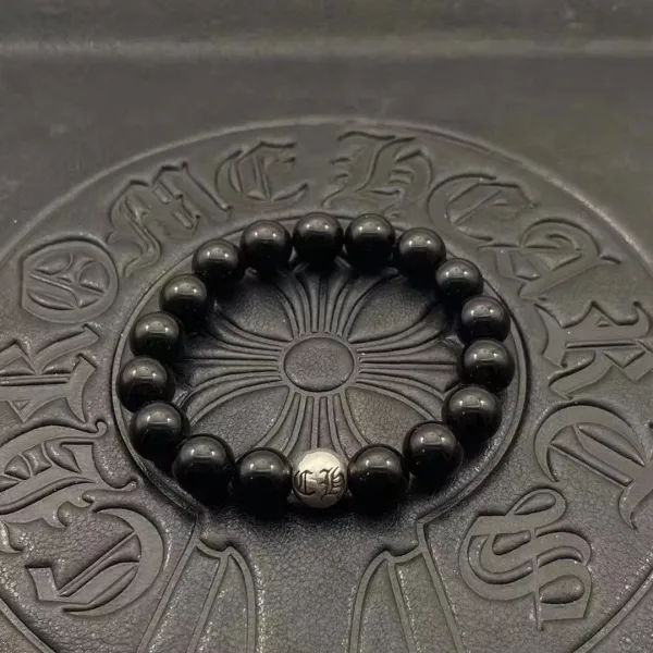 Chrome Hearts Black Onyx Bead Bracelet with Silver CH Charm Jewelry - 1