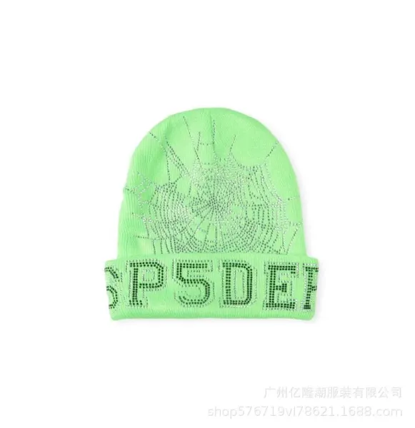 SP5DER Spider Web Rhinestone Beanie Neon Green - 1