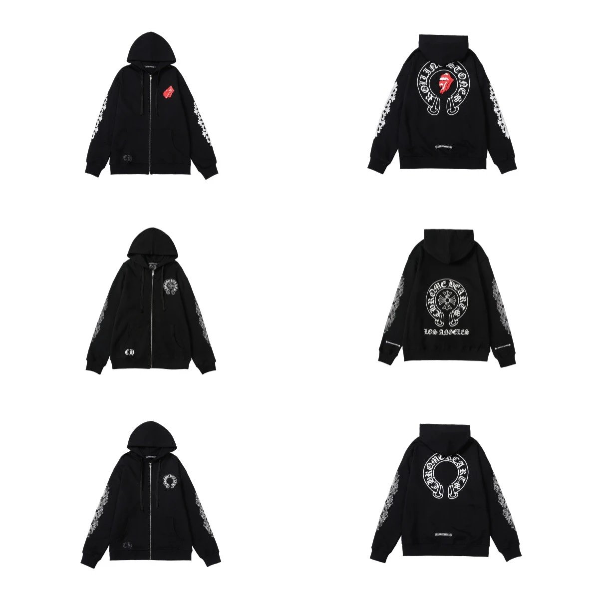 Black Zip-Up Hoodie with Rolling Stones and Chrome Hearts Logos