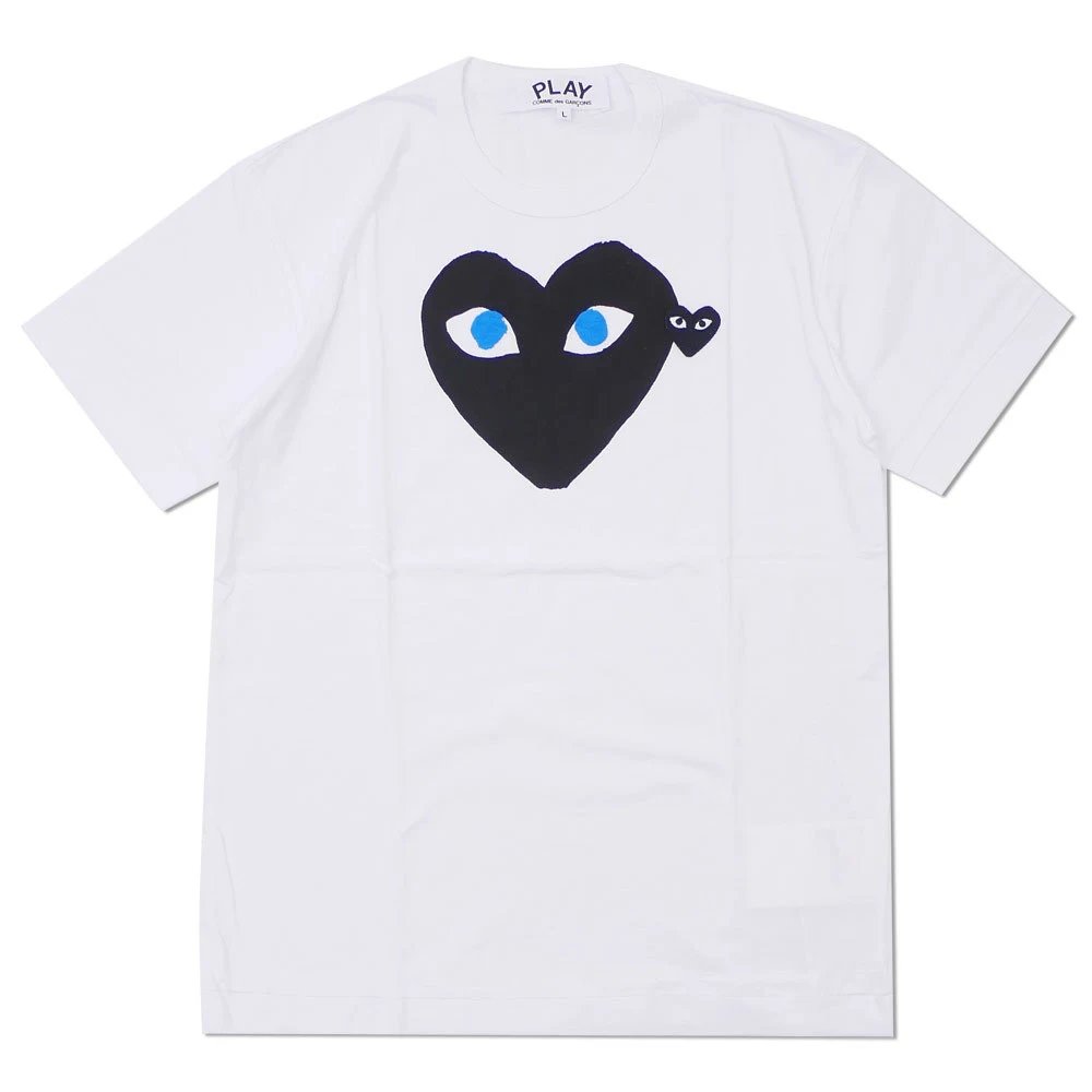Comme des Garcons PLAY T-shirt Big Black Heart Blue Eyes and Small Heart White