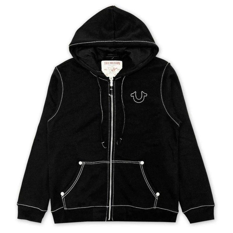 Black Zip-Up Hoodie with Contrasting Stitching