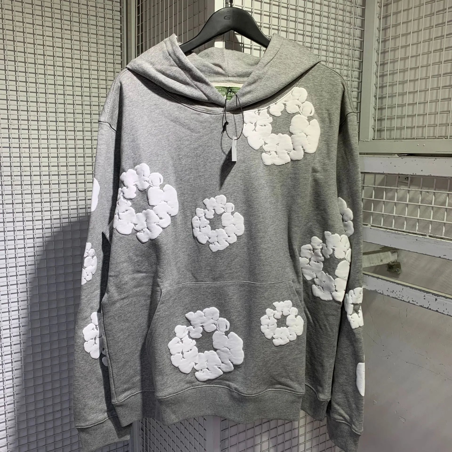 Gray Hoodie with White Floral Embroidery