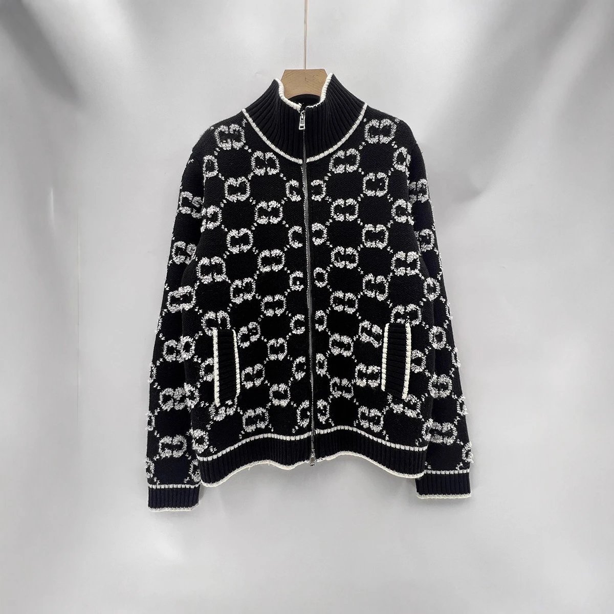 Gucci Zip Sweater GG Jacquard Wool Black/White