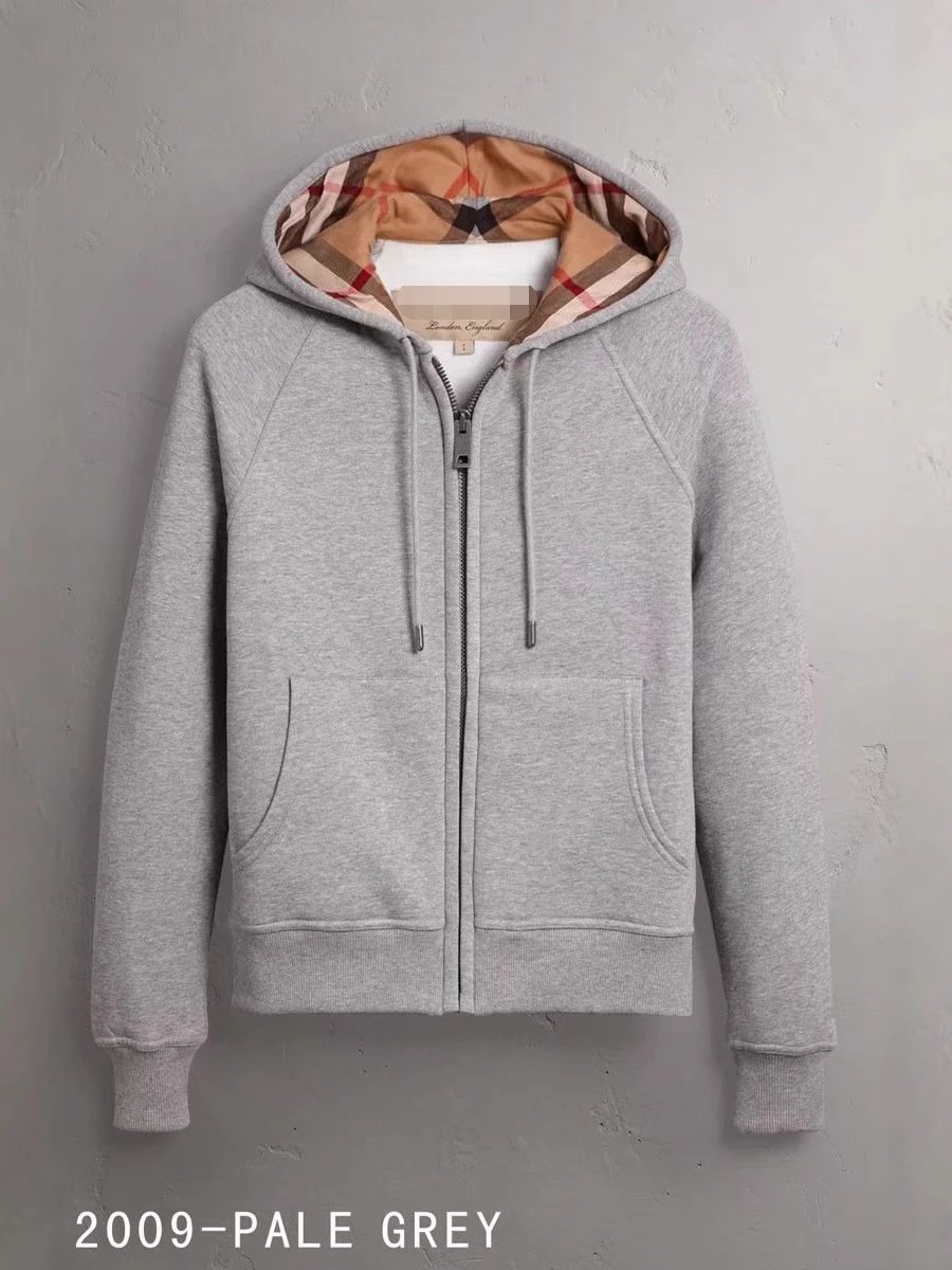 Cross border European and American outerwear, British hooded men's and women's hoodie, autumn and winter jacket, cardigan with checkered embroidery, black gray