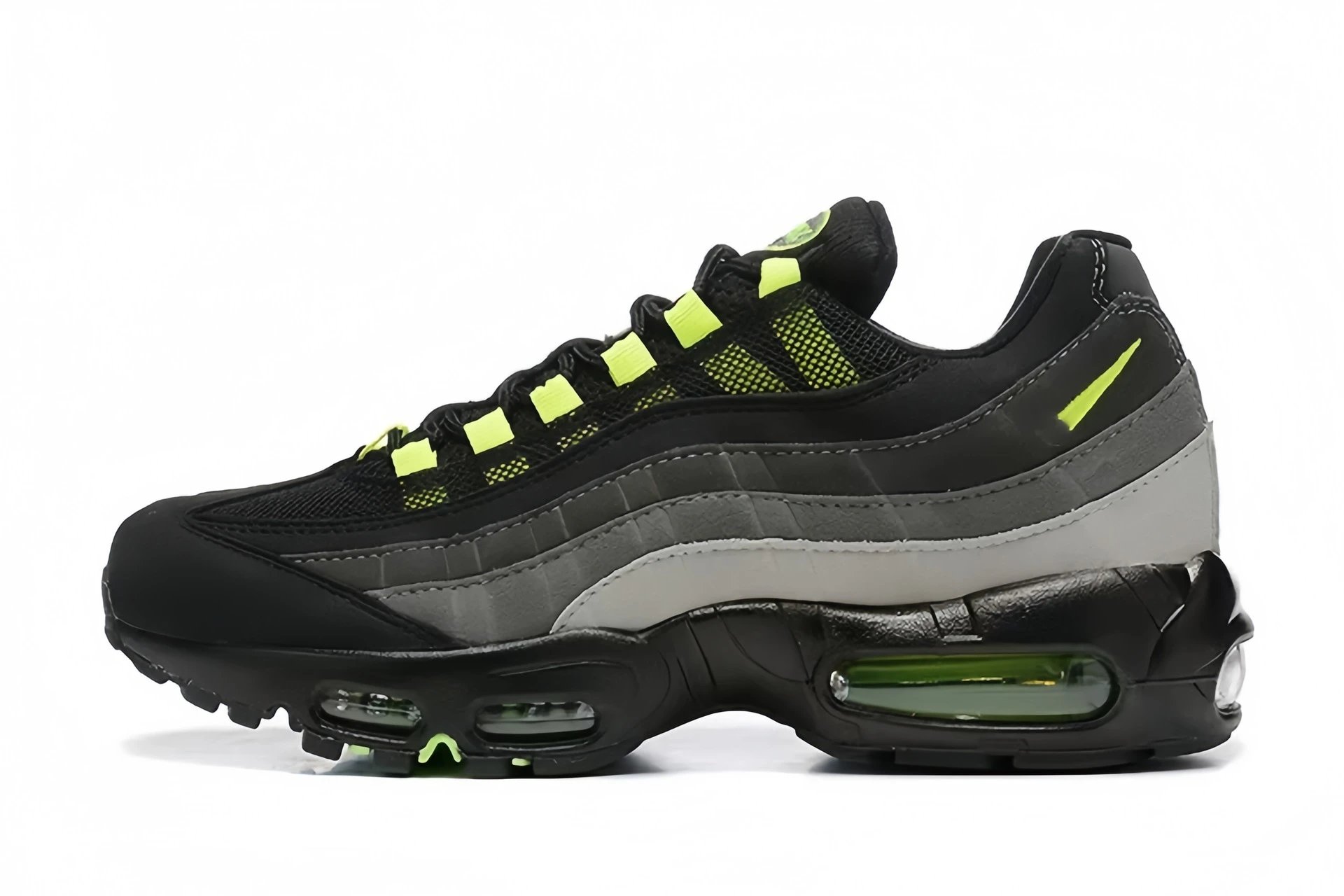 95 model — sizes 36–47 — black, gray, and fluorescent green with a hook design SKU image