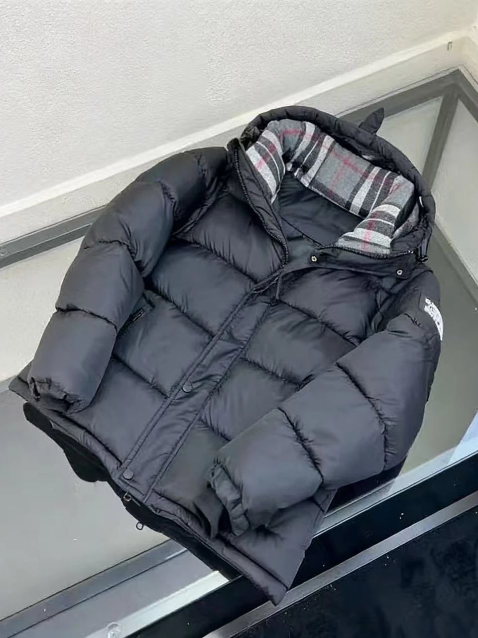 Black Puffer Jacket with Plaid Lining