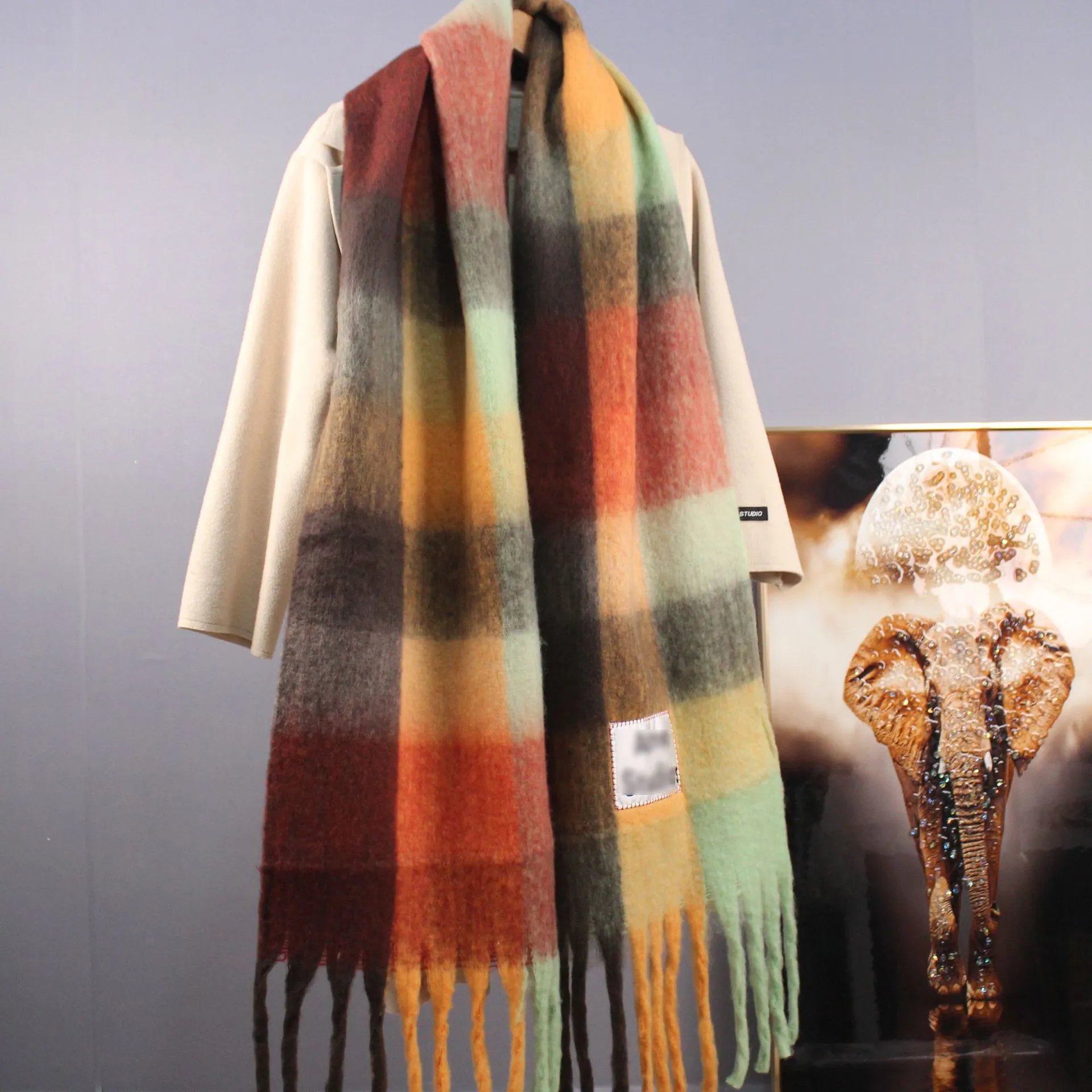 Colorful Plaid Scarf with Tassels