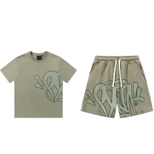 Off-White Graffiti Print Light Blue T-Shirt and Shorts Set - 8
