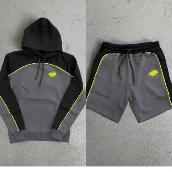 Design Streetwear Contrast Panel Hoodie and Shorts Set Gray/Black with Neon Yellow Trim - 1