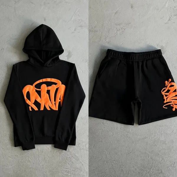 Design Graffiti-Print Hoodie and Shorts Set Black with Orange - 1