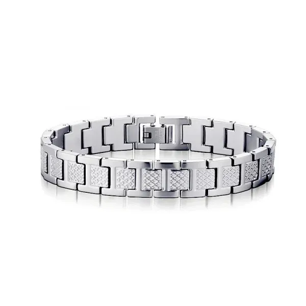 Stainless Steel Link Bracelet with Textured Panels Silver Bracelet - 1