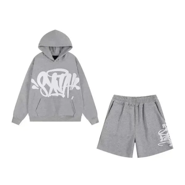 Design Graffiti-Print Hoodie and Shorts Set Gray Casual Set - 1