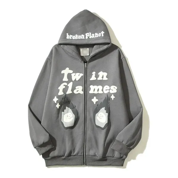 Broken Planet Twin Flames Gray Zip-Up Hoodie - 1