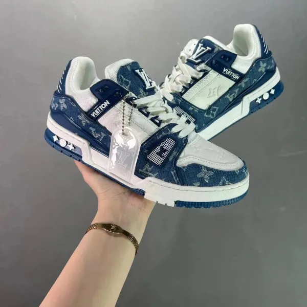 Louis Vuitton Trainer Monogram Denim Blue White Sneakers - 1