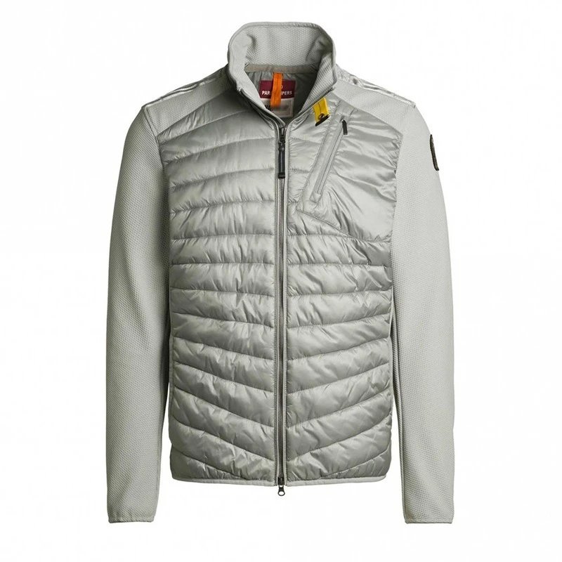 Silver gray down jacket with stand collar and splice design, non-hooded