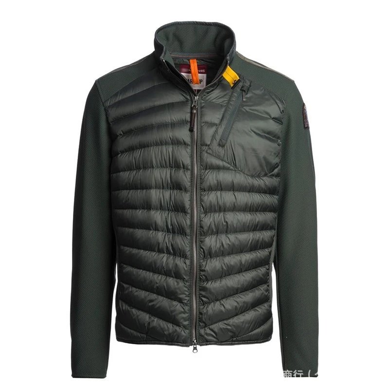Army green down jacket with stand collar and splice design, non-hooded