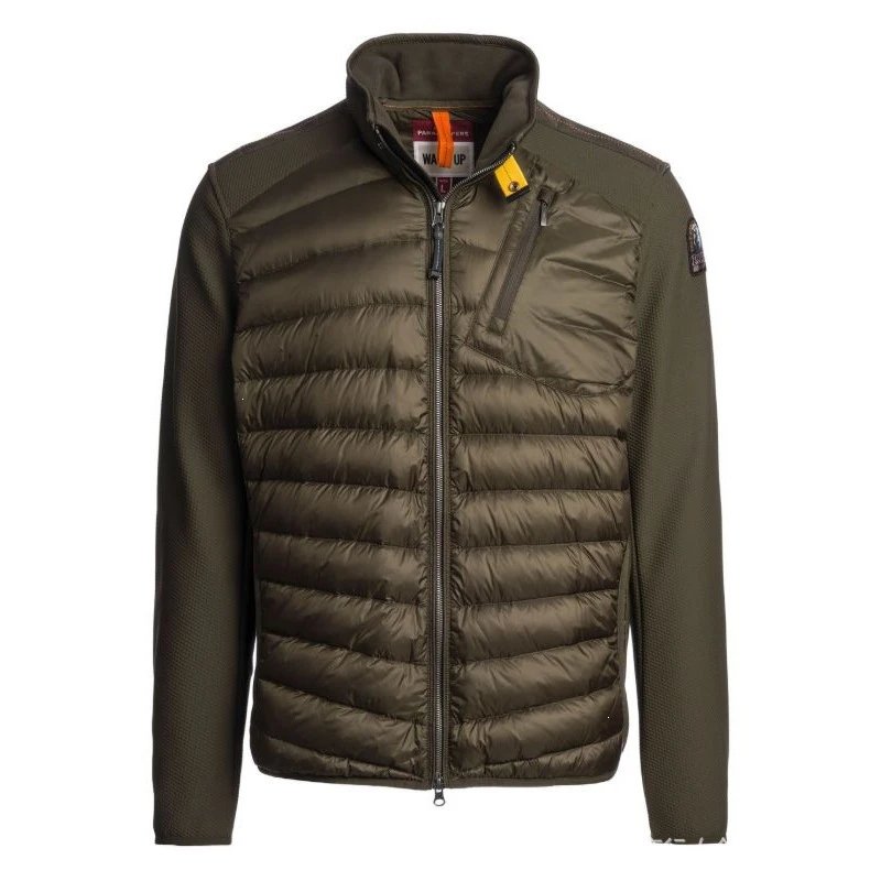 Khaki down jacket with stand collar and splice design, non-hooded