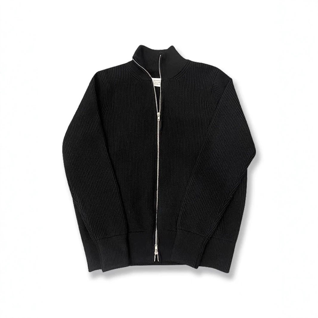 Ribbed Knit Zip-Up Navy Blue Casual Sweater Jacket