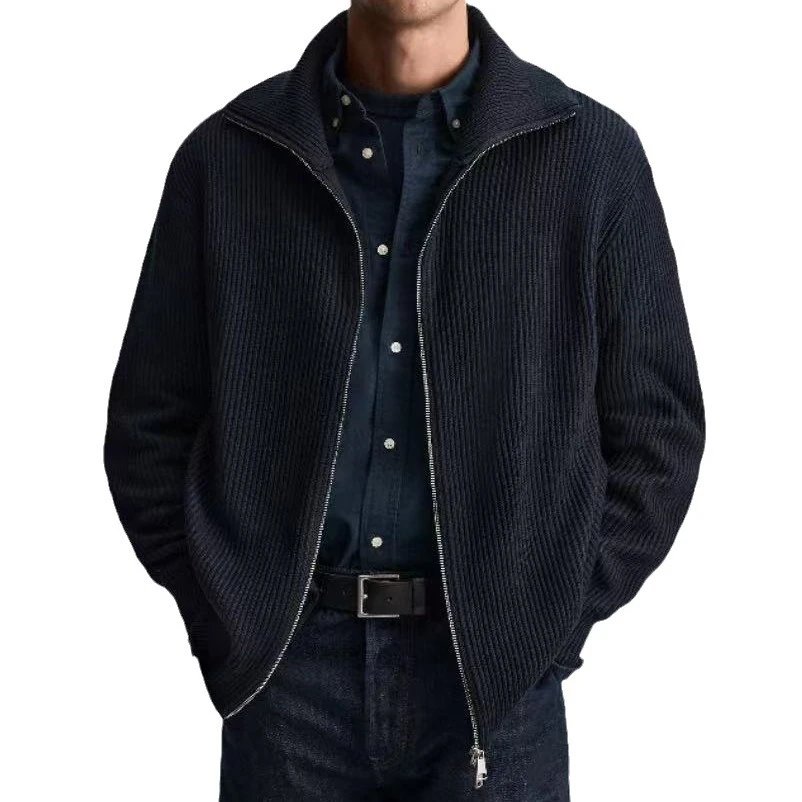 Ribbed Knit Zip-Up Navy Blue Casual Sweater Jacket