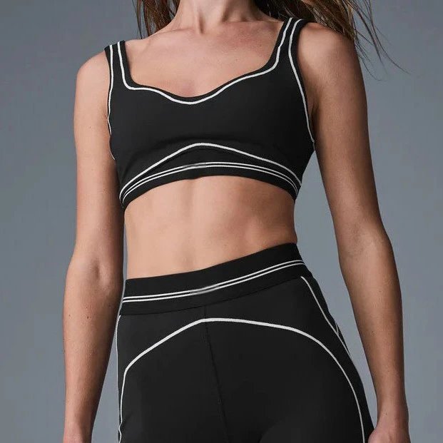 Black Sports Bra and Leggings Set White Trim Athletic Wear