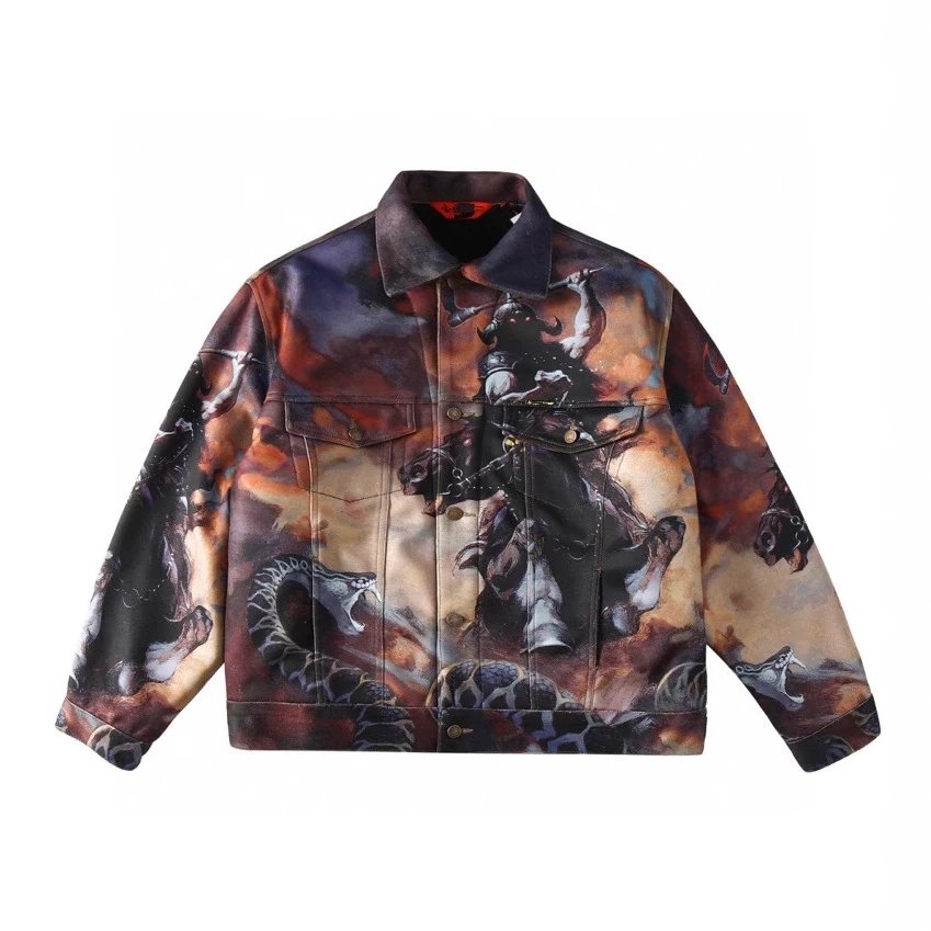 Unknown Brand Fantasy Warrior Print Denim Jacket T-Shirt