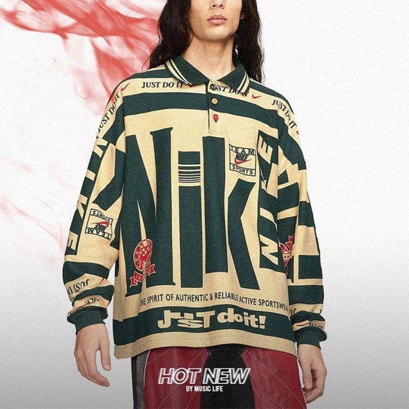 Nike Graphic Print Beige Green Oversized Polo Shirt
