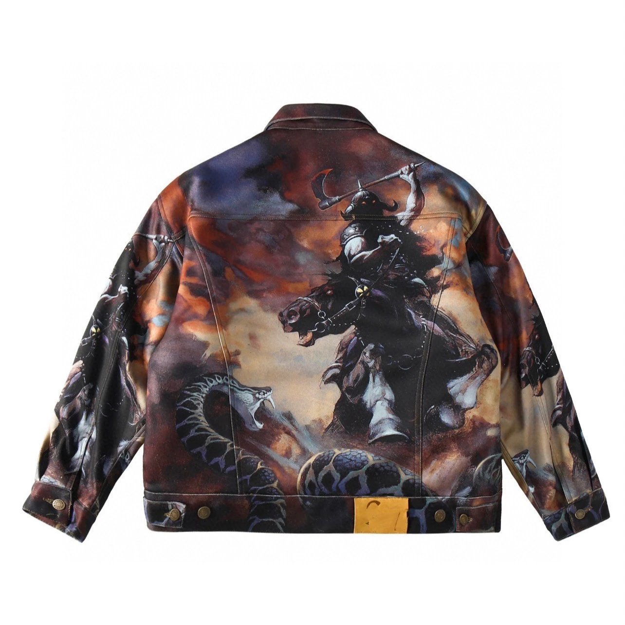 Denim Jacket Multicolor Fantasy Warrior Print Oversized Trucker Jacket