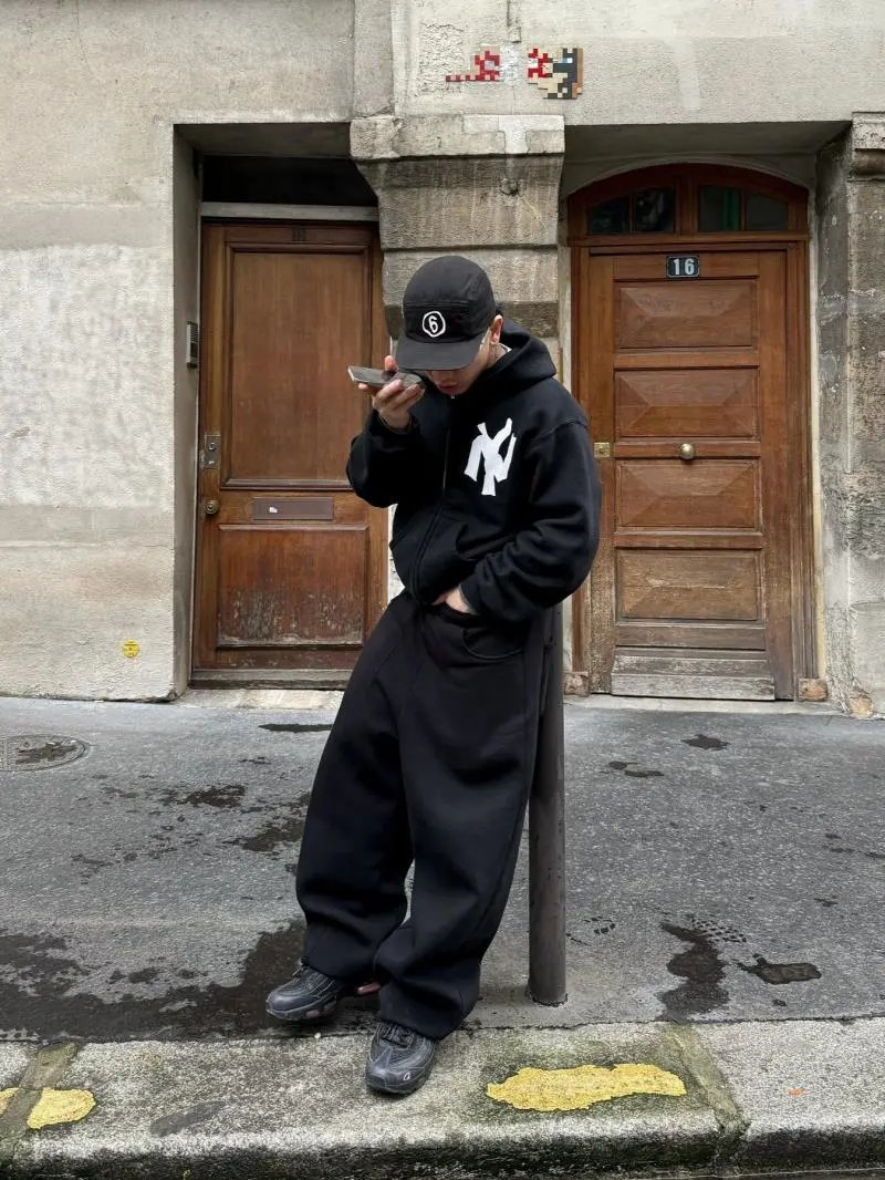 NY Black Zip-Up Hoodie and Baggy Pants Set