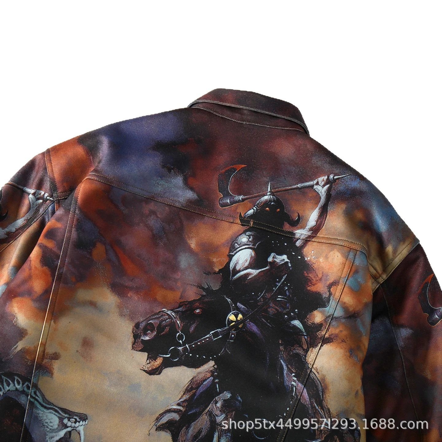 Denim Jacket Multicolor Fantasy Warrior Print Oversized Trucker Jacket