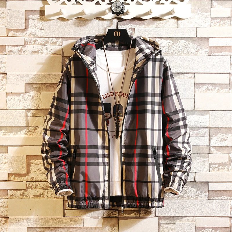 Plaid Hooded Windbreaker Beige Black Red Casual Jacket