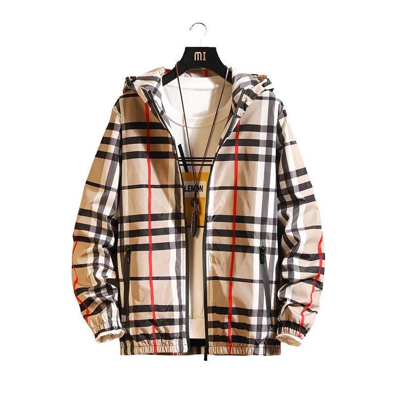 Plaid Hooded Windbreaker Beige Black Red Casual Jacket