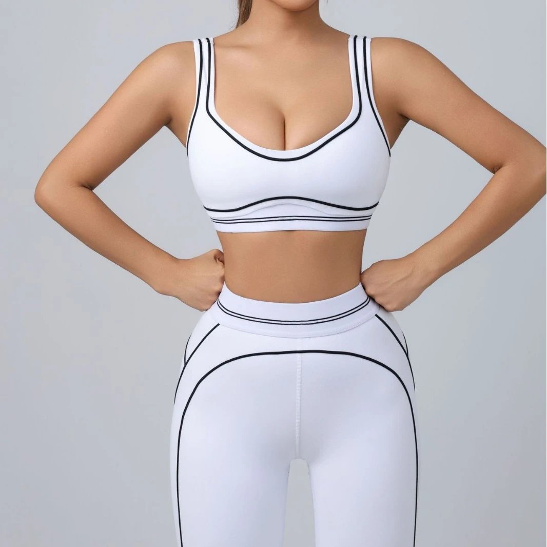 Black Sports Bra and Leggings Set White Trim Athletic Wear