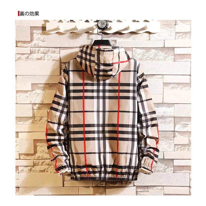 Plaid Hooded Windbreaker Beige Black Red Casual Jacket