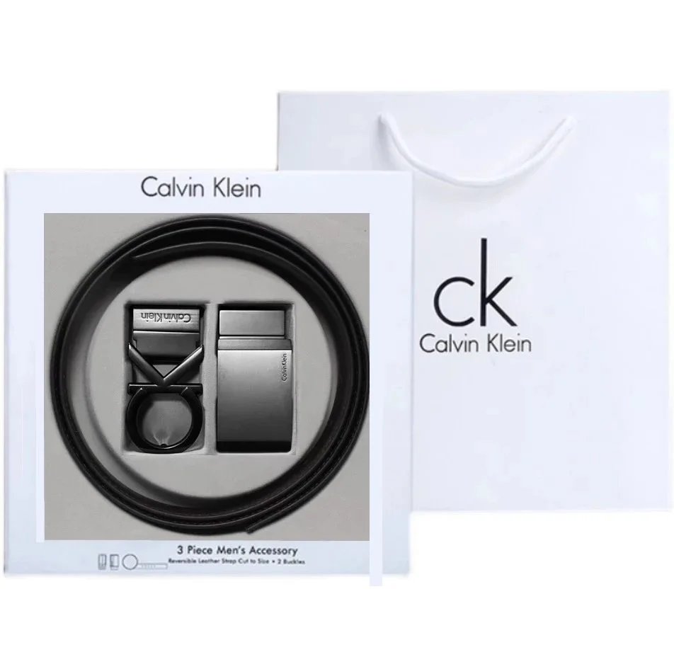 Calvin Klein 3-Piece Men's Accessory Set Black Leather Belt with Reversible Strap and Two Buckles