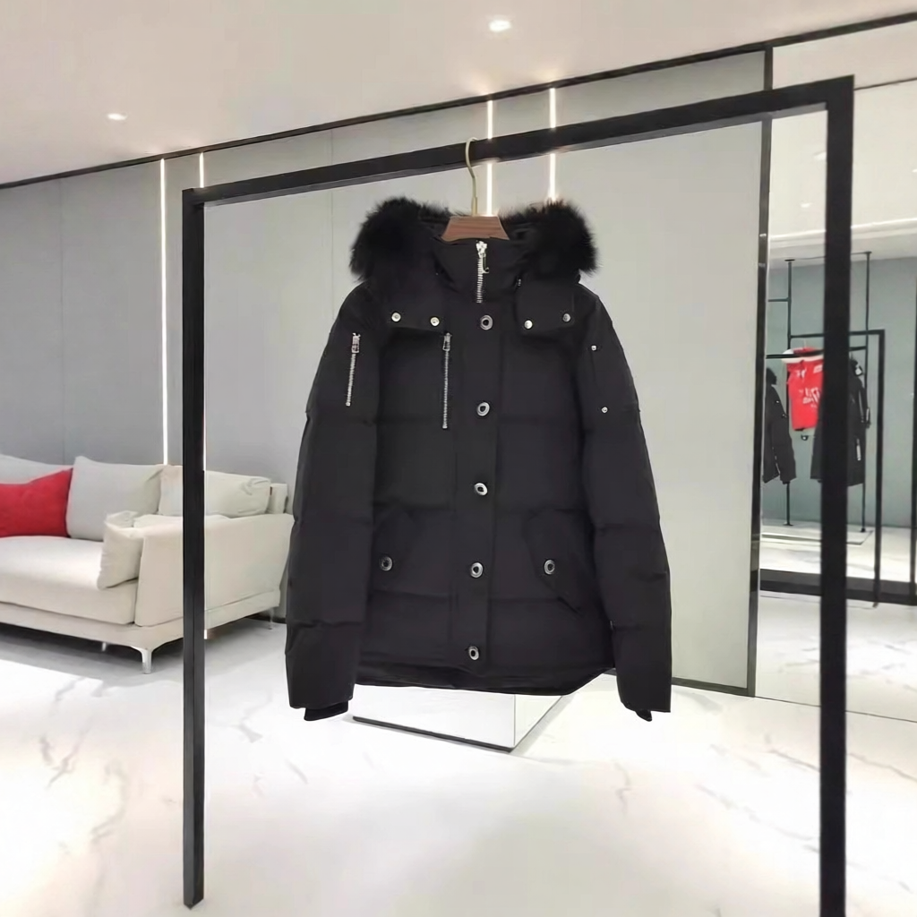 Black Puffer Jacket with Fur Hood Winter Coat