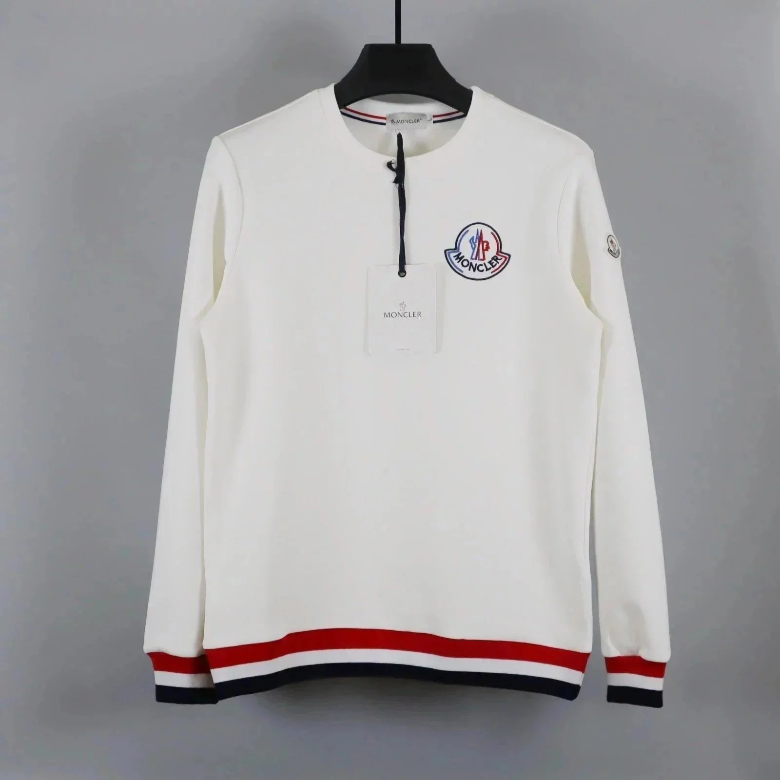 Moncler Logo Embroidered White Crewneck Sweatshirt with Red-White-Navy Trim - 1