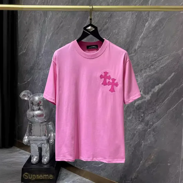 Chrome Hearts-Style Pink Cross Embroidered T-Shirt