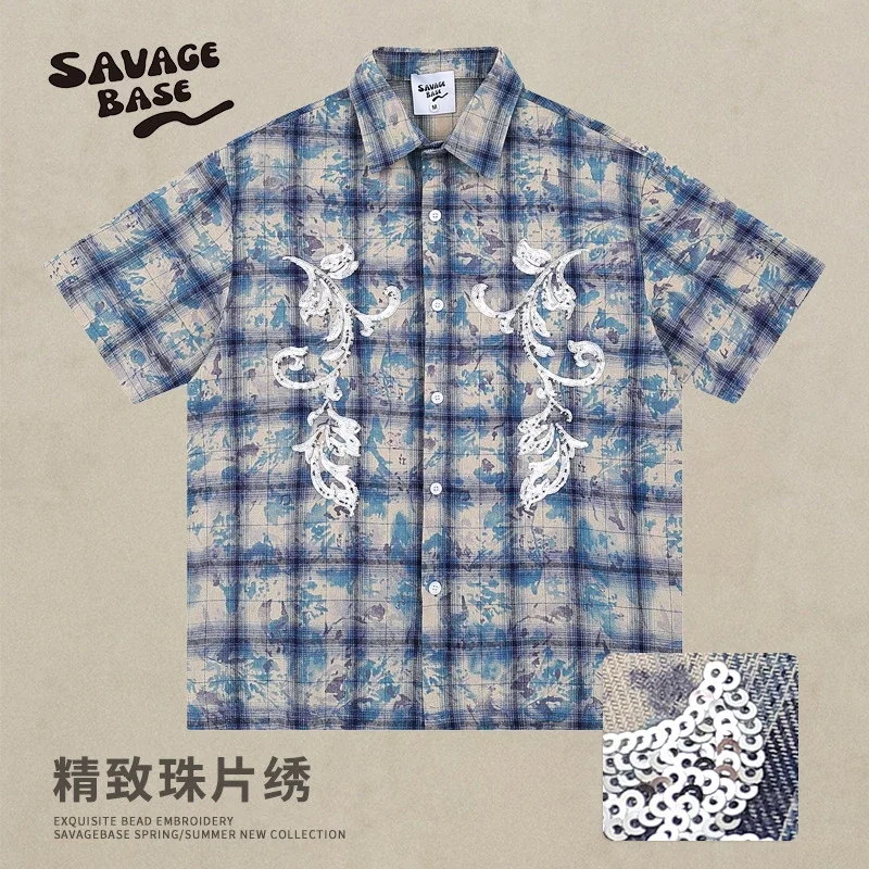 SAVAGE BASE, belonging to the brand's **"Sequin Embroidered Tie-Dye Plaid Shirt" series**.