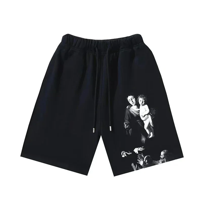 Off-White Baroque Oil Painting Print Black Terry Shorts