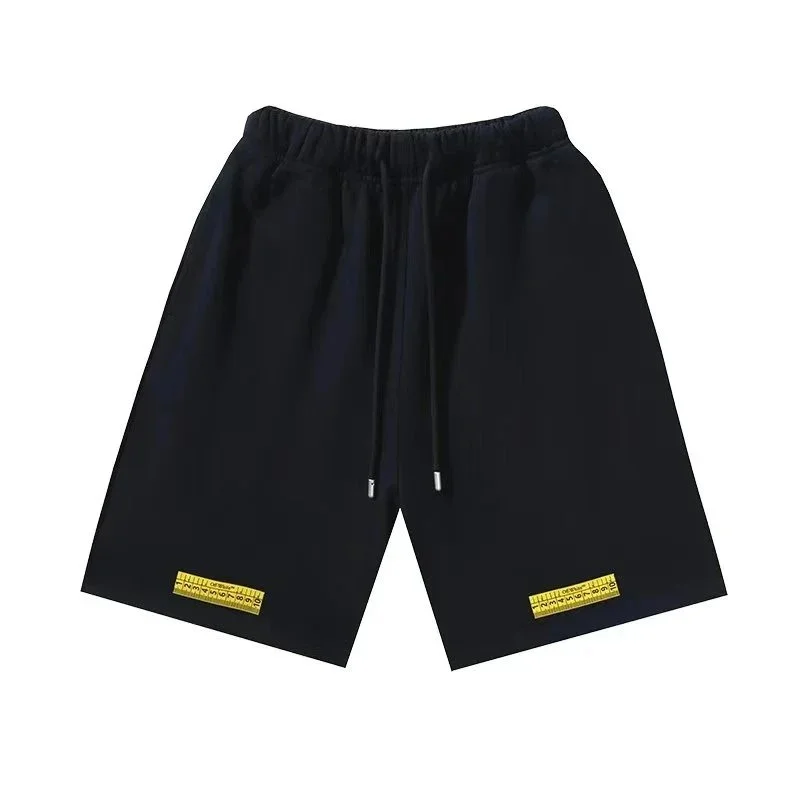 Off-White Yellow Ruler Label Black Terry Sweat Shorts