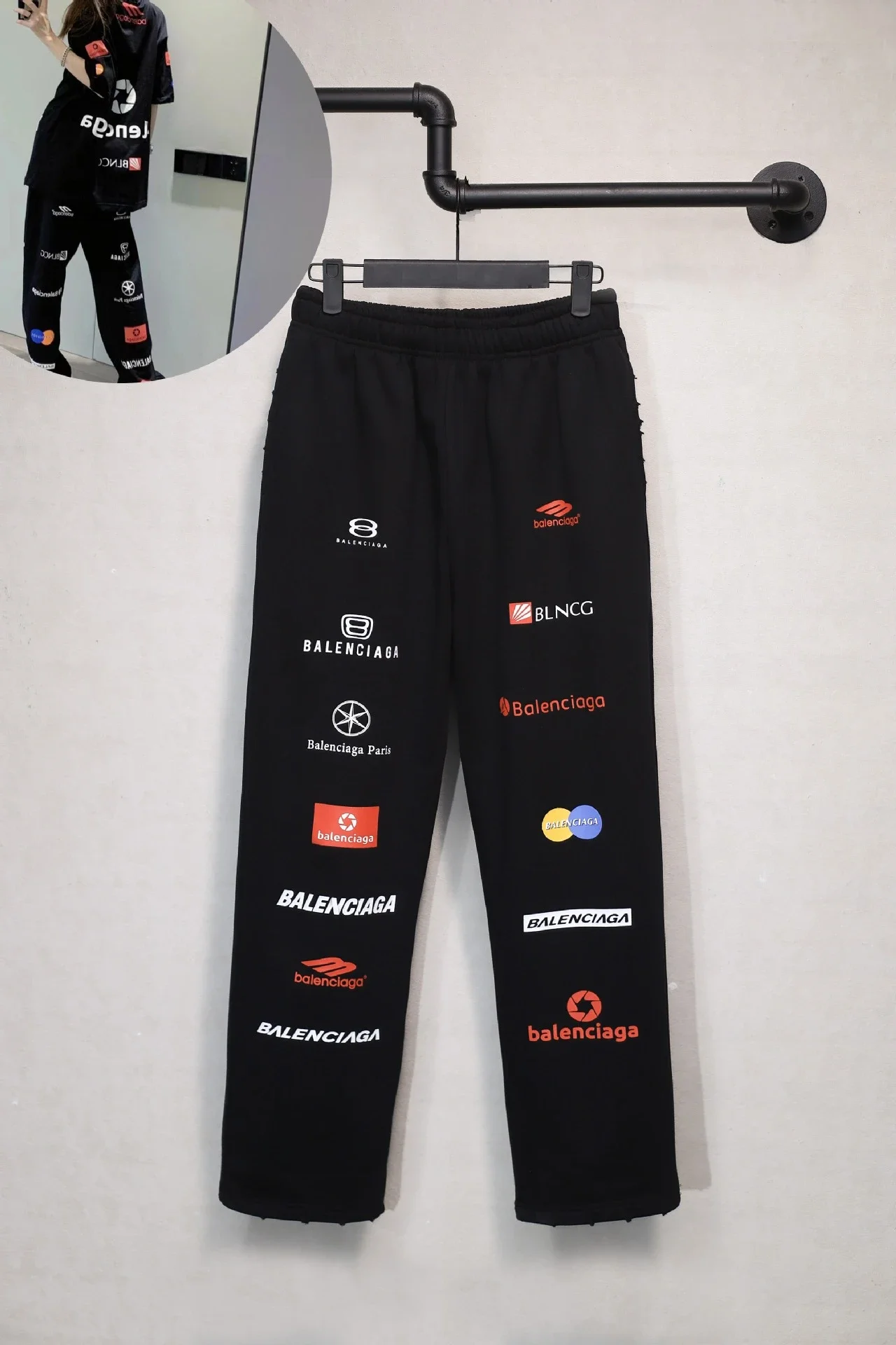 Balenciaga multi-logo printed black loose sweatpants