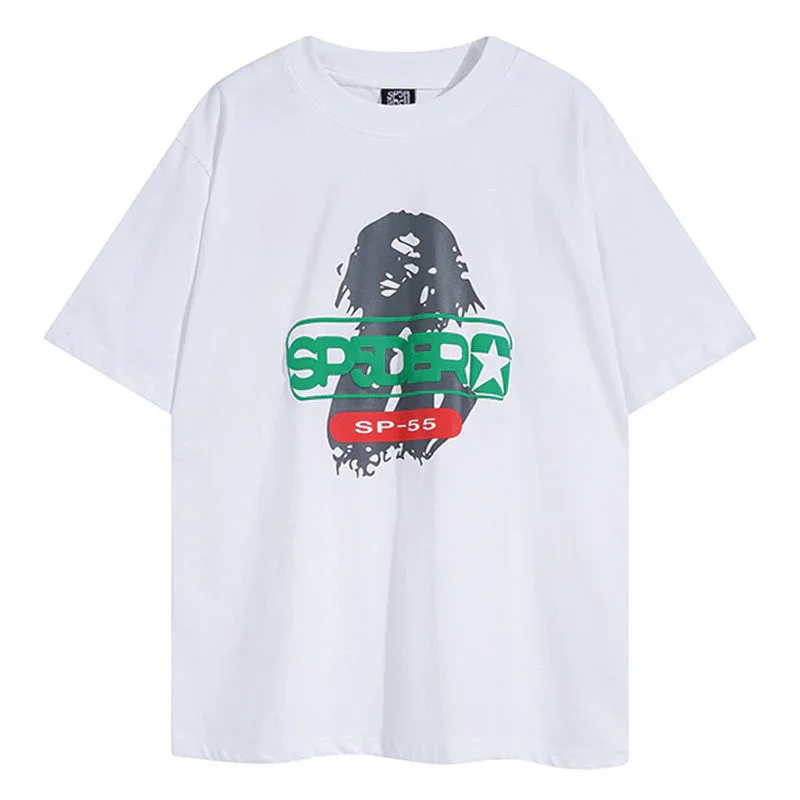 Spider-themed color-blocked slogan short-sleeved shirt