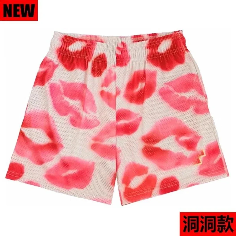 ERL-Style Red Lip Print Mesh Athletic Shorts