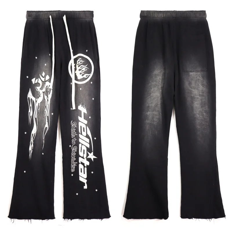 Hellstar: Black & Grey Distressed Flame-Print Casual Sweatpants with Raw-Edge Flared Hem - rep Hellstar