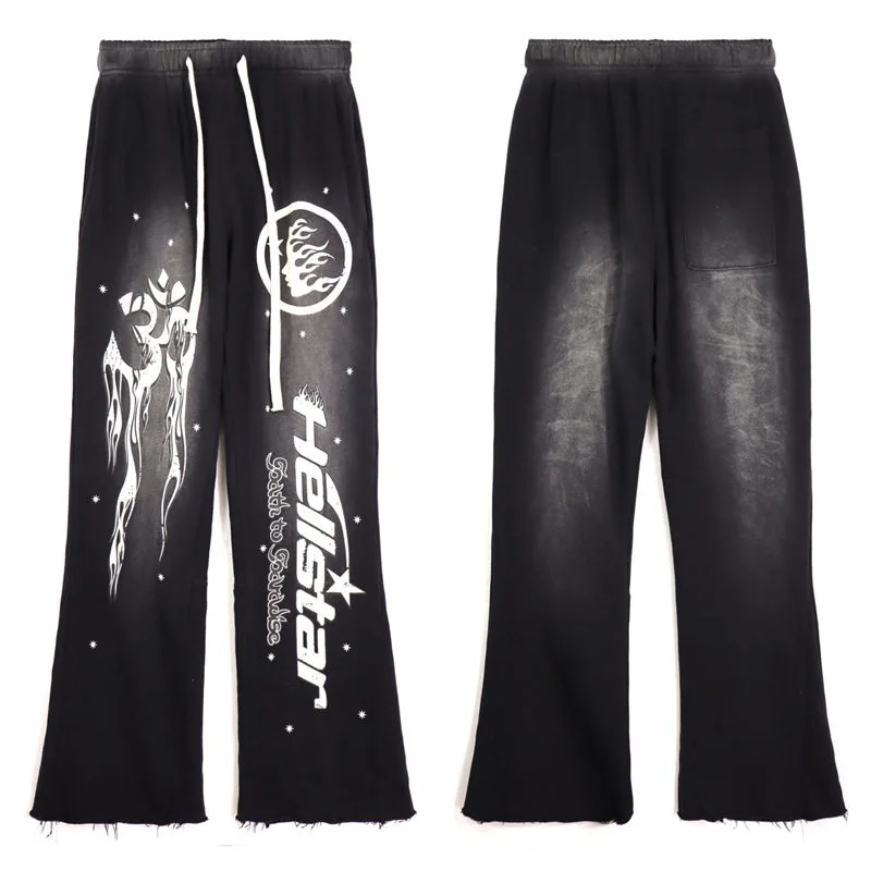 Hellstar: Black & Grey Distressed Flame-Print Casual Sweatpants with Raw-Edge Flared Hem