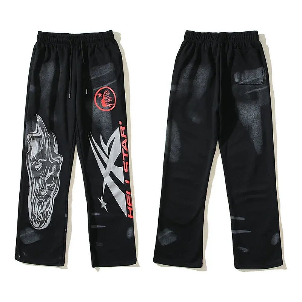 Hellstar Distressed Flame-Print Raw-Hem Straight-Leg Sweatpants