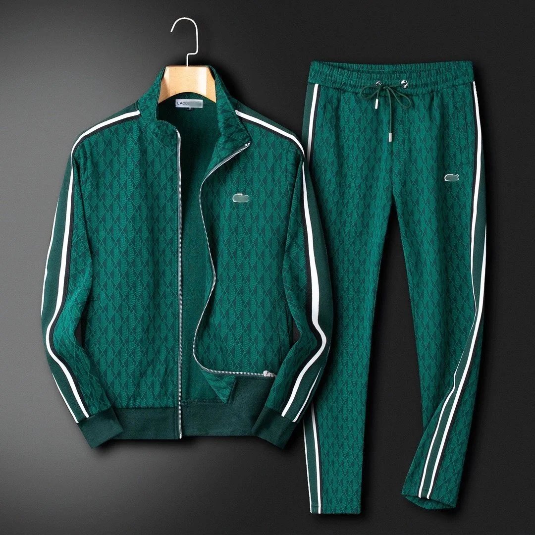 Lacoste Tracksuits Geometric-pattern zip track jacket and trousers set — R1 Green