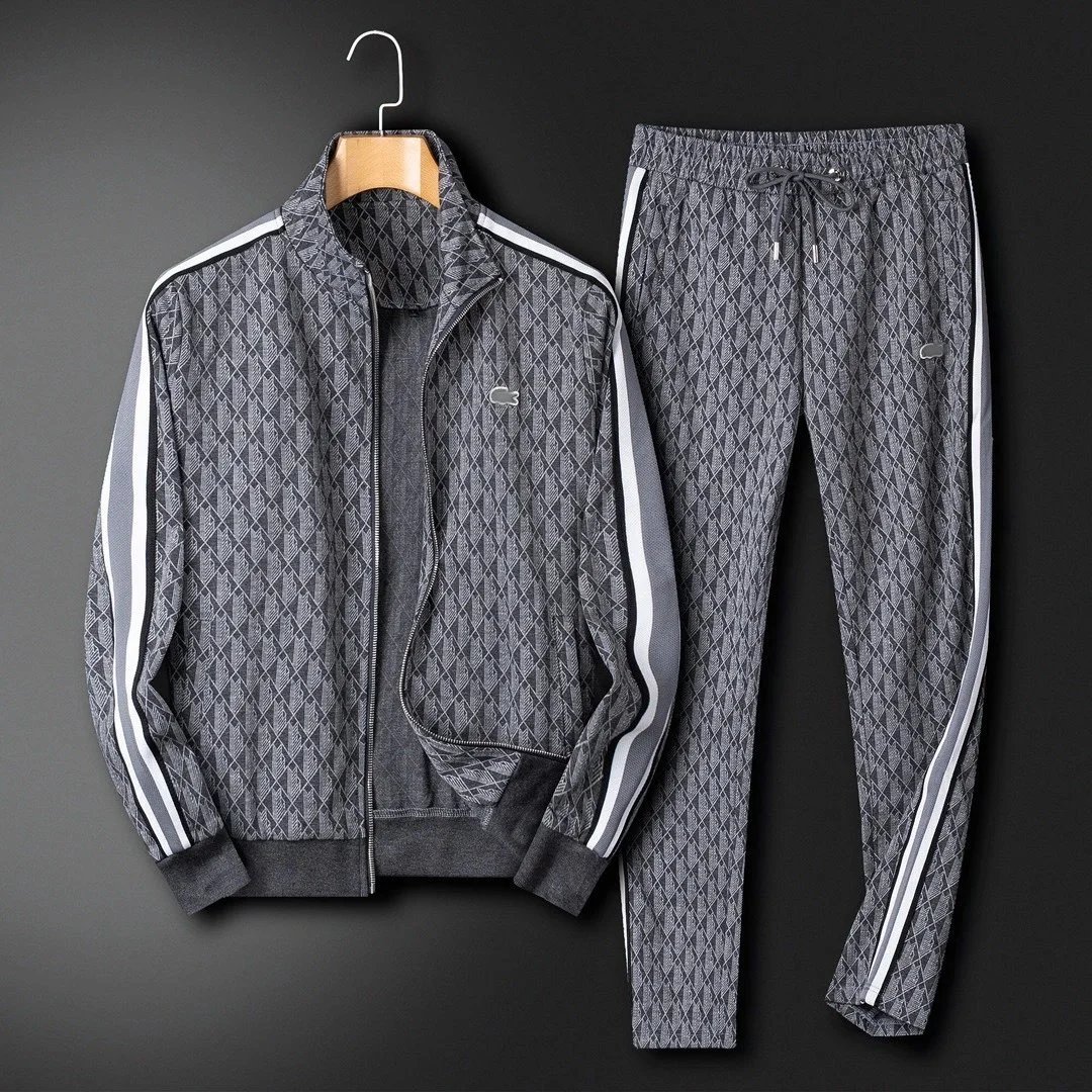 Lacoste Tracksuits Geometric-pattern zip track jacket and trousers set — R1 gray